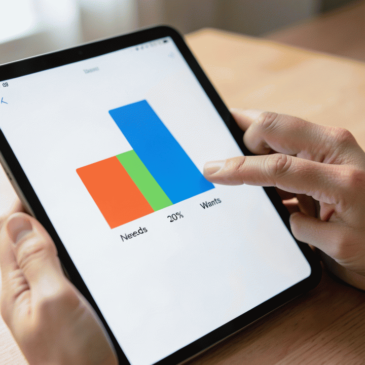 Tangan yang berinteraksi dengan aplikasi budgeting digital yang menunjukkan visualisasi pembagian dana menjadi tiga bagian proporsional (50/20/30).