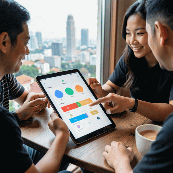 Teman-teman di kafe sedang meninjau pembagian biaya di tablet, menunjukkan fitur pelacakan pengeluaran grup yang akurat.