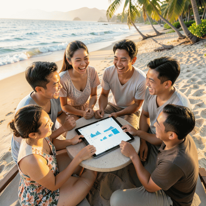 Sekelompok teman muda Indonesia yang bahagia di pantai tropis, berkumpul di sekitar tablet modern yang menampilkan antarmuka pengelolaan keuangan yang bersih dan abstrak, melambangkan kemudahan pembagian biaya grup.