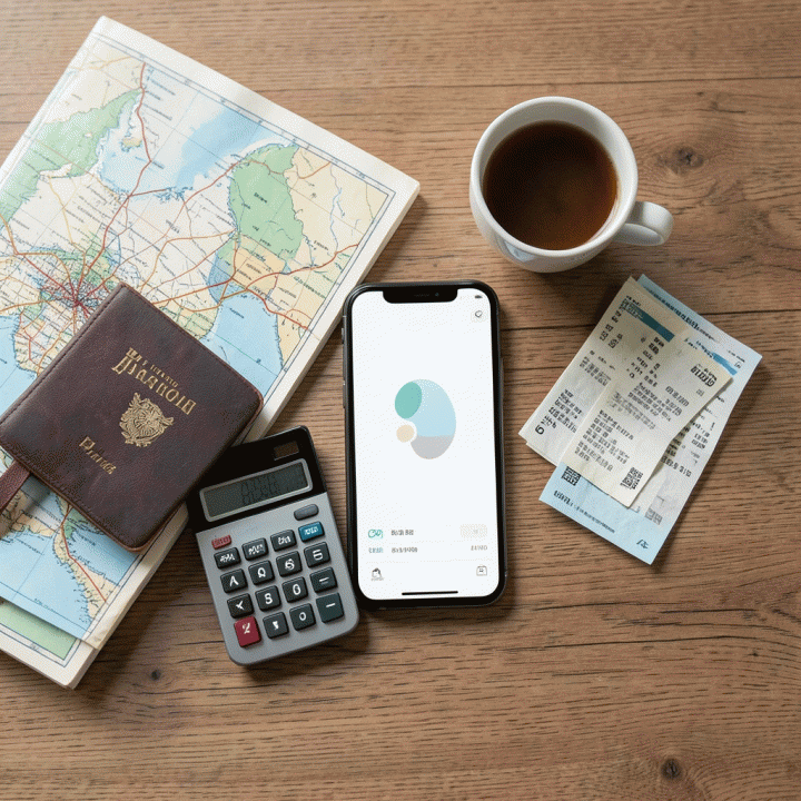 Tata letak flat lay yang rapi berisi perlengkapan perjalanan dan smartphone yang menampilkan antarmuka perencanaan anggaran yang terorganisir.