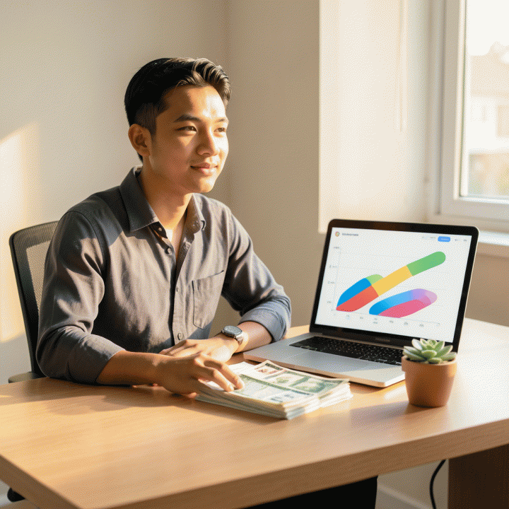 Seorang profesional muda Indonesia yang tenang dan percaya diri sedang merencanakan keuangan di meja kerja minimalis, menunjukkan visualisasi progres pelunasan utang yang terorganisir.