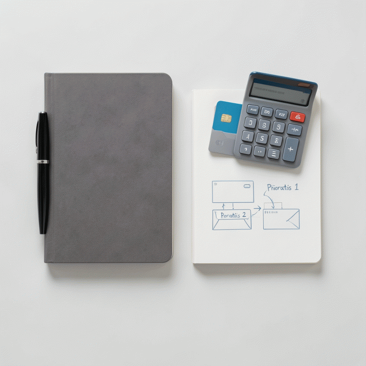 Tampilan atas (flat lay) peralatan perencanaan keuangan yang terorganisir, menunjukkan langkah-langkah prioritas pelunasan utang.
