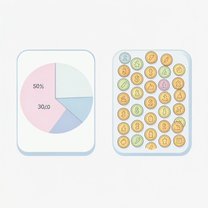 Perbandingan visual metode anggaran 50/30/20 versus Zero-Based Budgeting menggunakan ikon dan diagram.