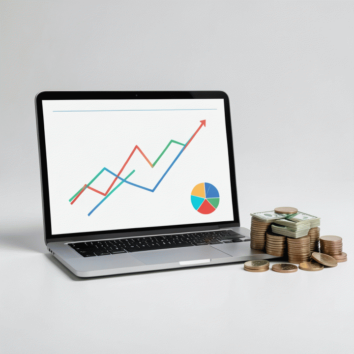 Visualisasi abstrak dan modern dari grafik keuangan yang seimbang dan tren kenaikan, menunjukkan pengendalian dan optimalisasi dana.