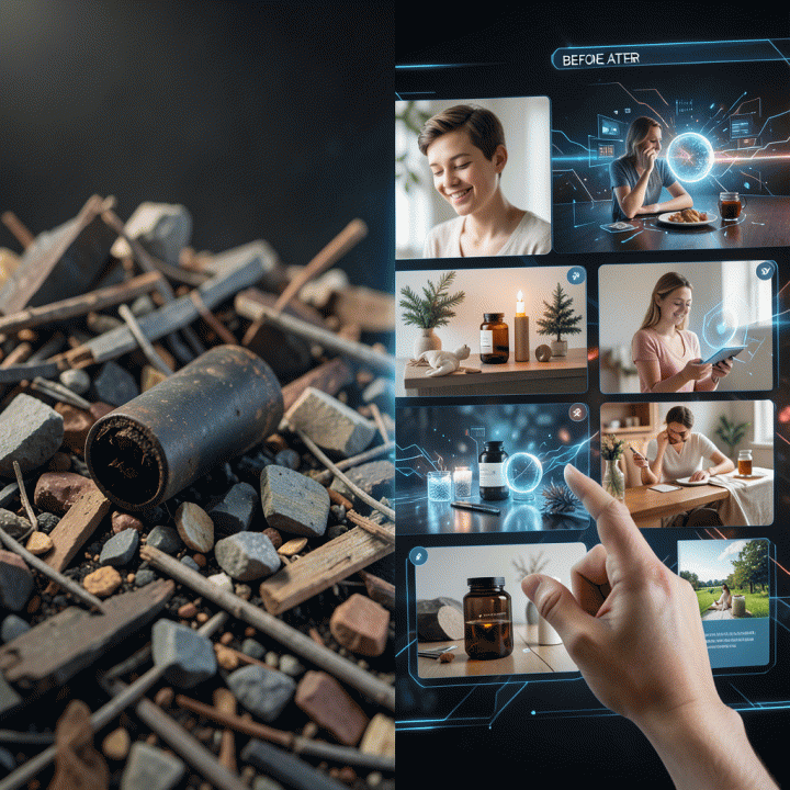 Perbandingan antara foto produk mentah dengan variasi iklan profesional yang dihasilkan secara instan menggunakan AI.