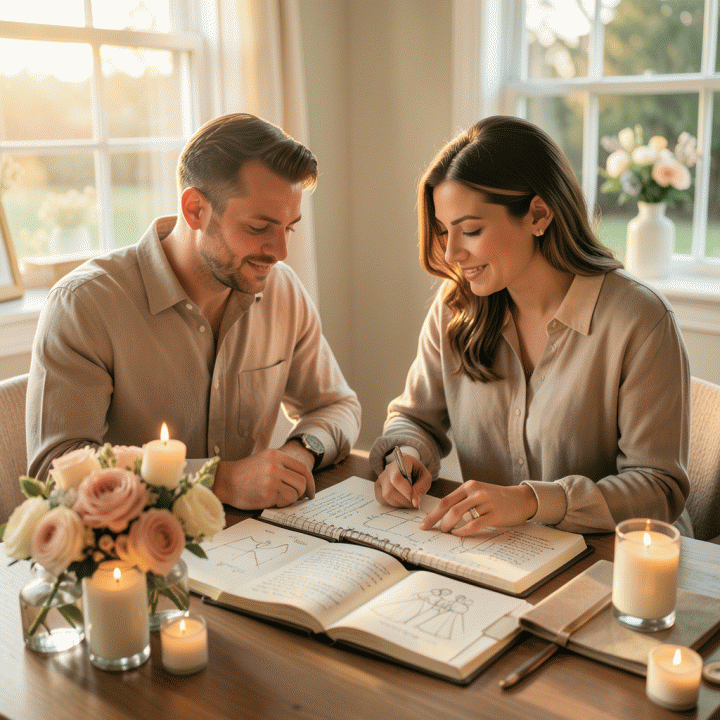 Pasangan calon pengantin yang sedang merencanakan anggaran pernikahan dengan serius dan tenang di meja kerja yang didekorasi bunga.