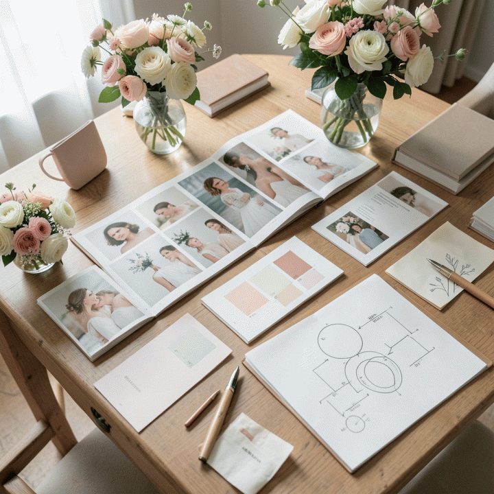 Meja perencanaan pernikahan yang menampilkan mood board, sketsa dekorasi, dan elemen organisasi visual lainnya.