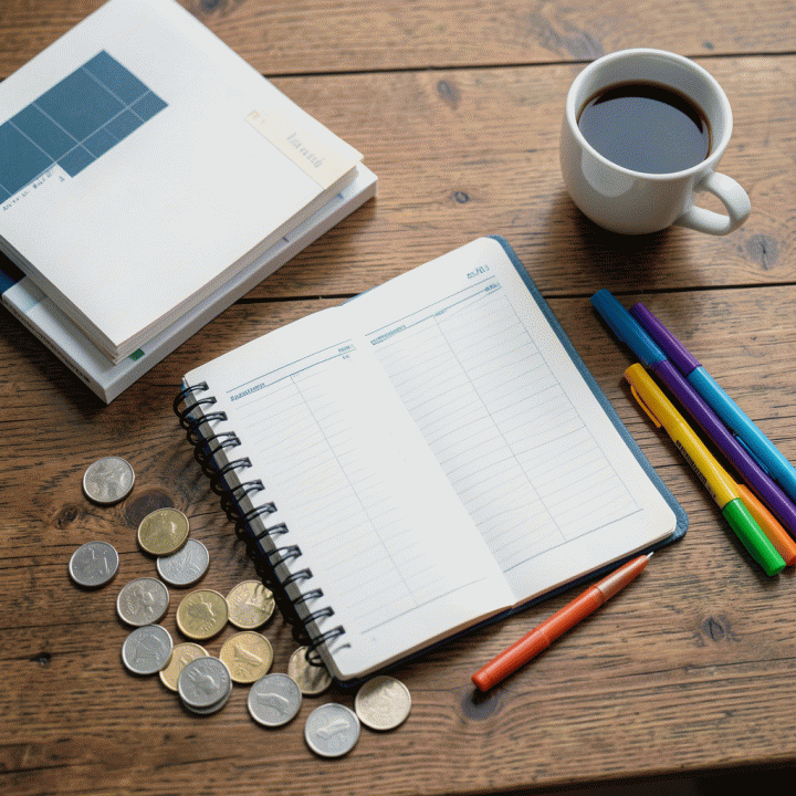 Foto overhead yang sangat detail dan fotorealistik tentang set alat perencanaan keuangan yang teratur di atas meja kayu, menunjukkan buku planner budgeting, pensil warna-warni, koin uang, dan secangkir kopi, melambangkan pengelolaan keuangan yang rapi dan terstruktur.