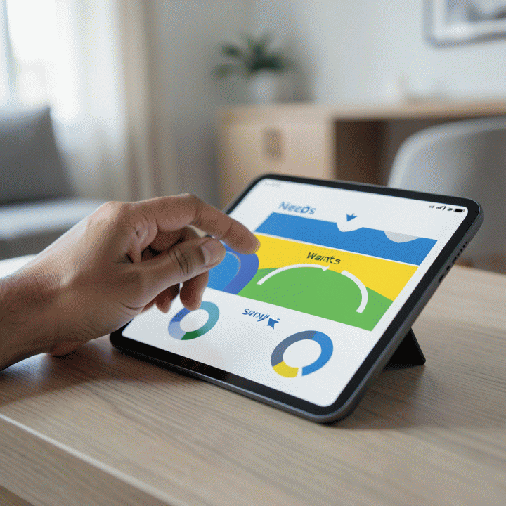 Tangan seseorang yang menggunakan tablet dengan tampilan dashboard keuangan abstrak; grafik berwarna menunjukkan tiga alokasi dana (kebutuhan, keinginan, tabungan) dan diagram proses, melambangkan pelacakan anggaran digital.