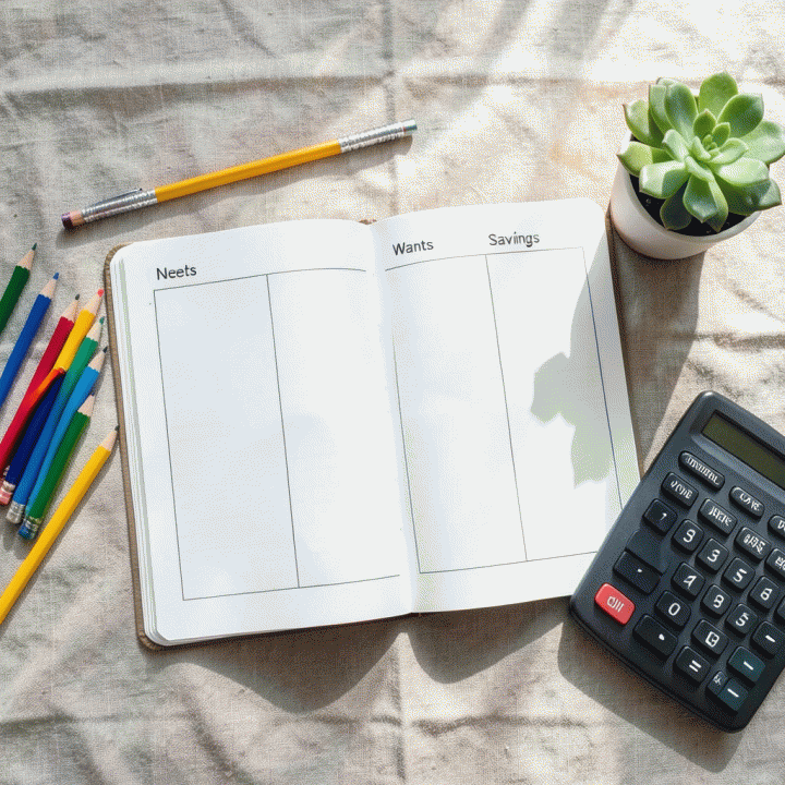 Tata letak flat lay fotorealistik yang menunjukkan perlengkapan budgeting modern: buku template yang terstruktur dengan pembagian jelas untuk kebutuhan dan tabungan, pensil warna-warni rapi, kalkulator, di atas permukaan linen alami. Suasana tenang dan fokus pada perencanaan keuangan fisik.
