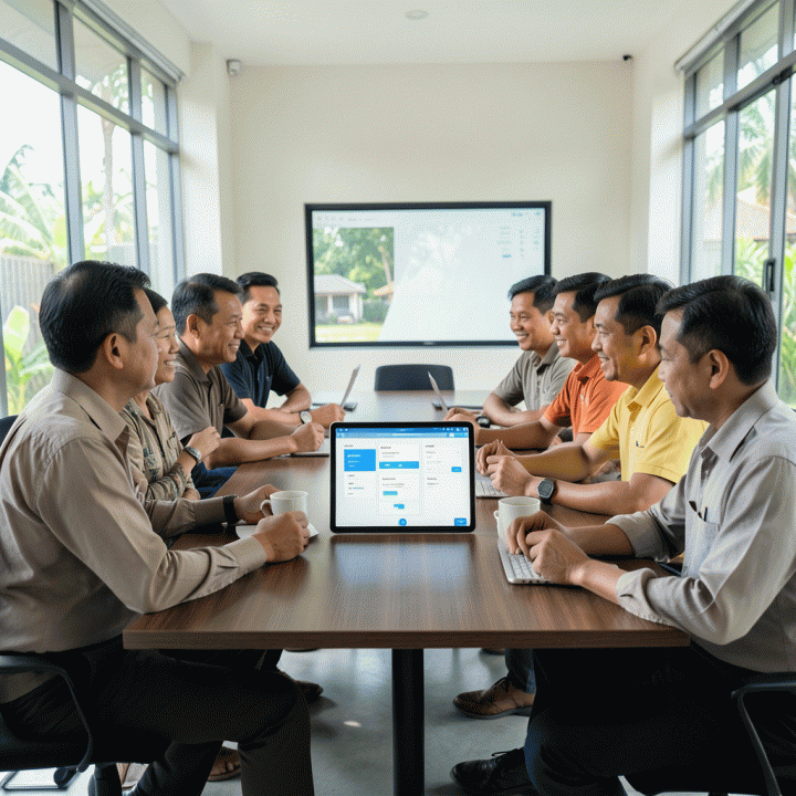 Pengurus komunitas di Indonesia yang berdiskusi di ruangan modern, melihat dashboard digital untuk mengelola komunikasi lingkungan secara efektif.