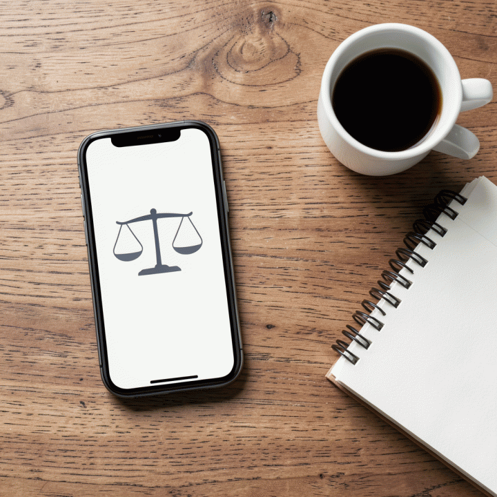 Atas meja dengan smartphone menampilkan aplikasi antarmuka minimalis untuk penetapan harga, dilengkapi timbangan abstrak.
