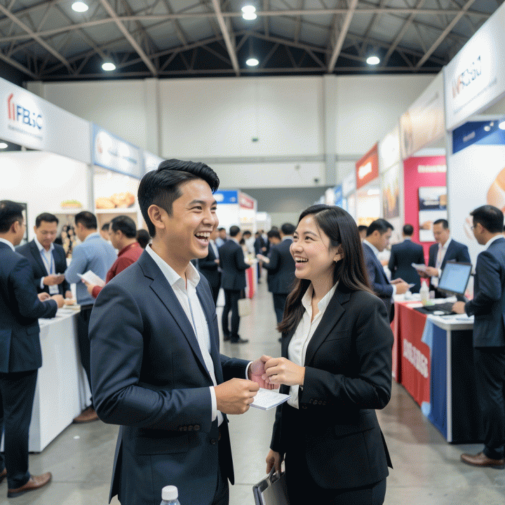 Seorang pengusaha muda Indonesia yang antusias berinteraksi di hall pameran bisnis yang ramai, melambangkan pencarian peluang dan jaringan bisnis di IFBC Yogyakarta.