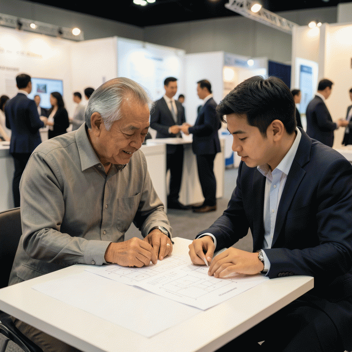 Diskusi bisnis antar profesional di stan pameran yang menampilkan perencanaan strategi dan kolaborasi usaha.