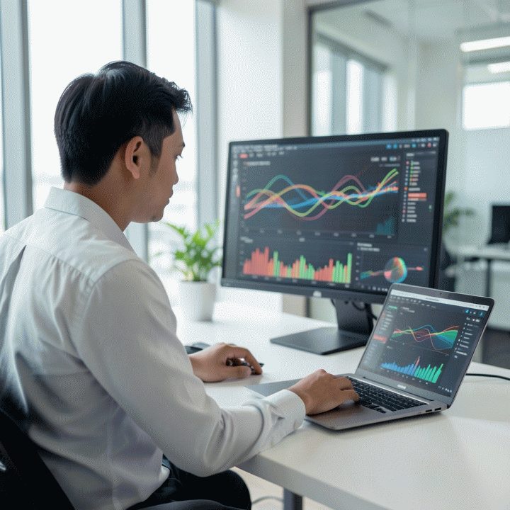 Seorang profesional muda Indonesia yang fokus menganalisis data e-commerce dan grafik profit di layar monitor besar yang modern, menunjukkan potensi bisnis yang tinggi.