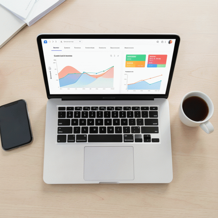 Tampilan meja kerja yang rapi dengan laptop menampilkan dashboard analitik e-commerce yang abstrak, melambangkan perencanaan bisnis yang terstruktur.