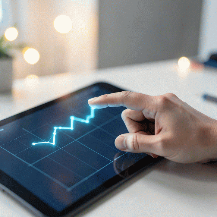 Tangan menunjuk grafik data yang menunjukkan tren kenaikan komisi dan penjualan tinggi di tablet, melambangkan peluang profit besar.