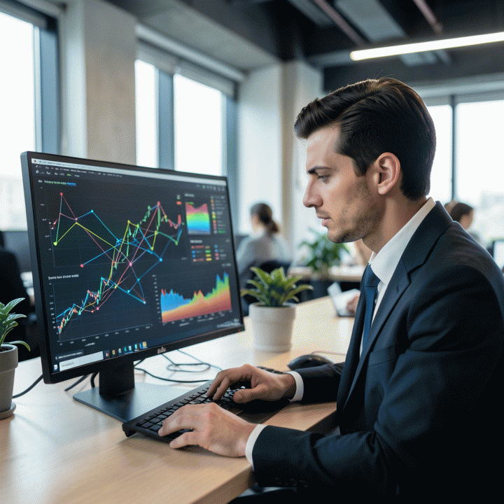 Seorang profesional pemasaran digital menganalisis data kompleks dan pola kompetitor di layar monitor besar, menunjukkan proses menemukan insight pasar yang berharga.