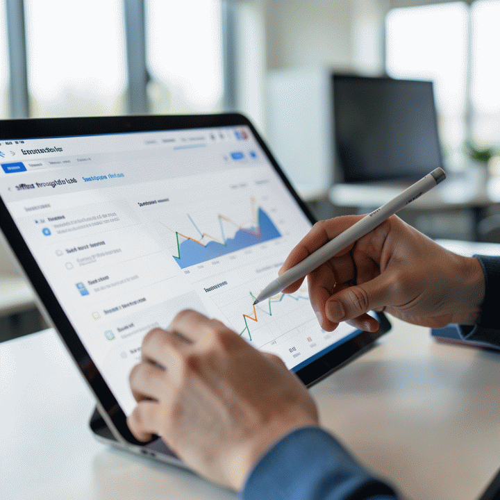 Tangan seseorang berinteraksi dengan antarmuka aplikasi data modern, membandingkan set data untuk menemukan pola pasar yang tersembunyi.