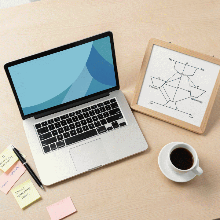 Tampilan meja kerja profesional dengan laptop menampilkan dashboard abstrak, menandakan sesi perencanaan strategi pemasaran dan copywriting iklan.