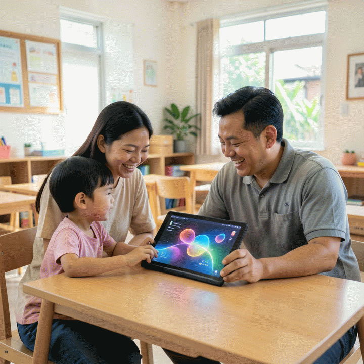 Gambar keluarga Indonesia yang bahagia dan interaktif menggunakan tablet di ruang belajar modern, menunjukkan proses pembelajaran anak dengan bantuan teknologi AI.