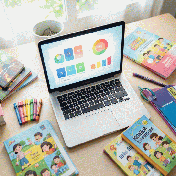 Tampilan dari atas (flat lay) meja belajar yang berisi materi fisik dan teknologi, menunjukkan konsep penyusunan bahan ajar anak dengan bantuan AI.