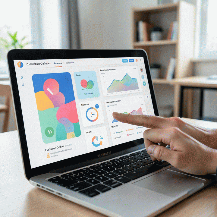 Antarmuka digital AI yang menampilkan rencana kurikulum dan materi belajar yang terstruktur di laptop.
