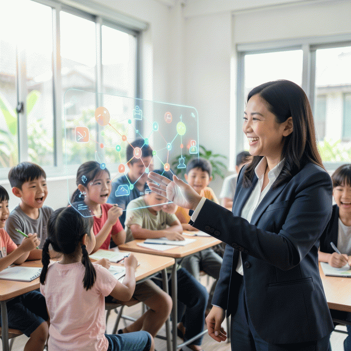 Guru dan anak-anak Indonesia belajar di kelas modern dengan bantuan antarmuka holografik AI yang menampilkan materi edukasi yang menarik.