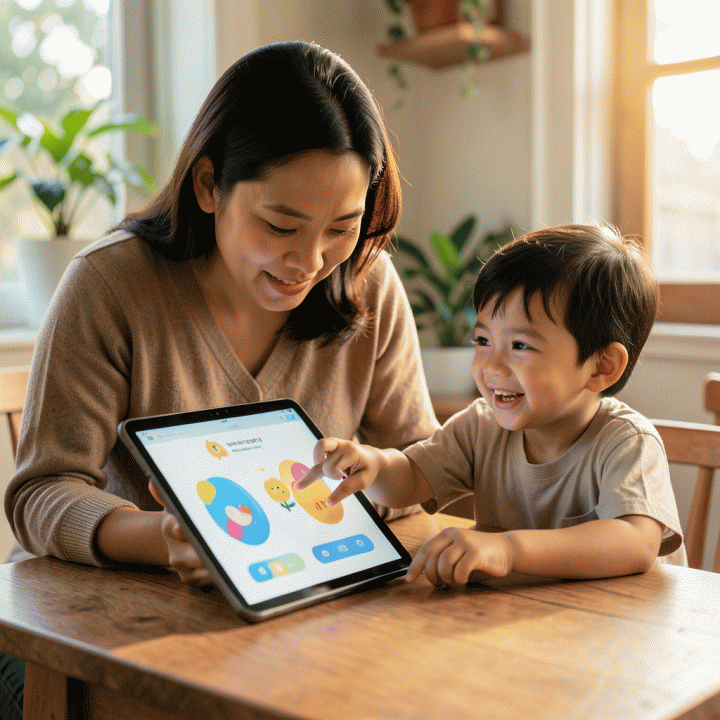 Orang tua dan anak menikmati materi belajar interaktif yang dibuat dengan bantuan teknologi AI.