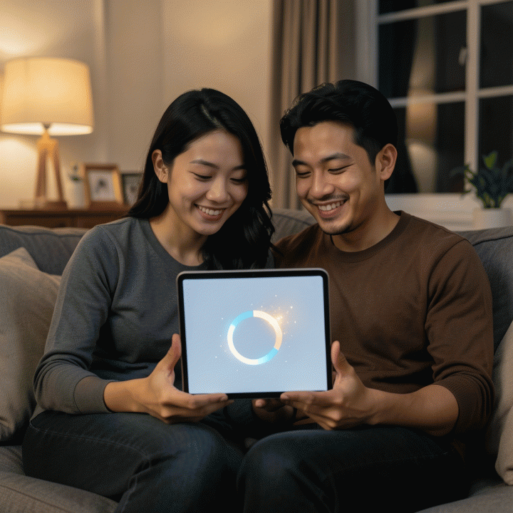 Pasangan melihat tablet dengan grafik pelunasan utang hampir lunas tanpa teks.