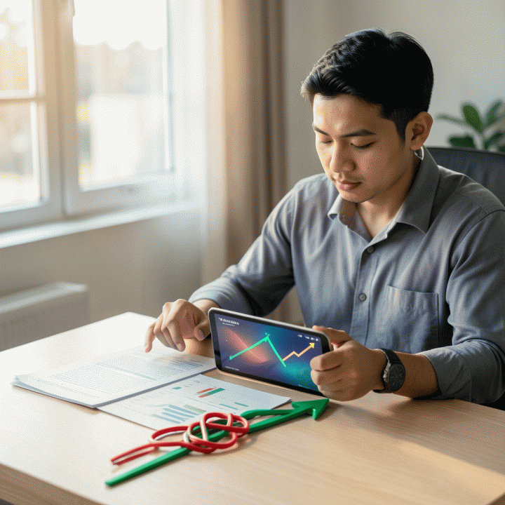 Seorang profesional muda Indonesia yang terlihat tenang dan percaya diri, sedang mengatur dokumen keuangan dan melihat grafik pertumbuhan keuangan positif di tablet, melambangkan strategi pelunasan utang yang teratur.
