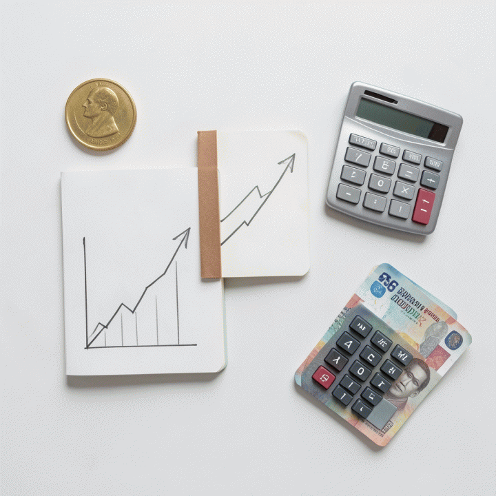 Tampilan atas elemen perencanaan keuangan yang terorganisir, termasuk koin emas dan uang tunai rupiah, menunjukkan simulasi investasi bijak.