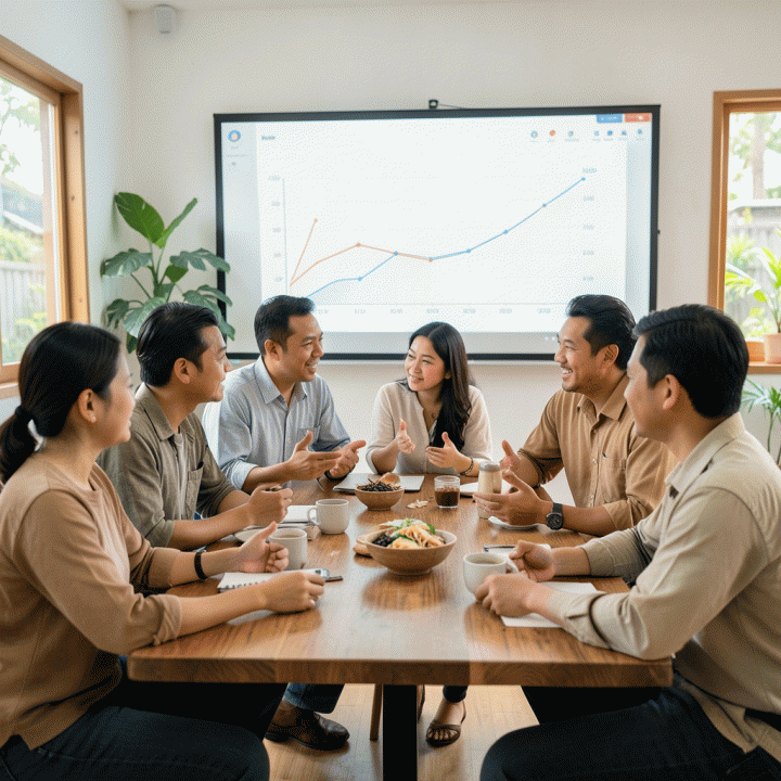 Beberapa pemilik UMKM Indonesia berdiskusi bersama tentang strategi penentuan harga jual yang optimal.
