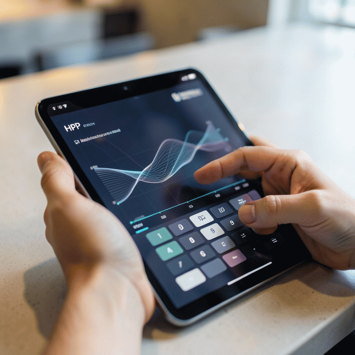 Tangan menggunakan aplikasi kalkulator HPP modern di tablet, menampilkan grafik data keuangan abstrak untuk menentukan harga jual yang akurat.