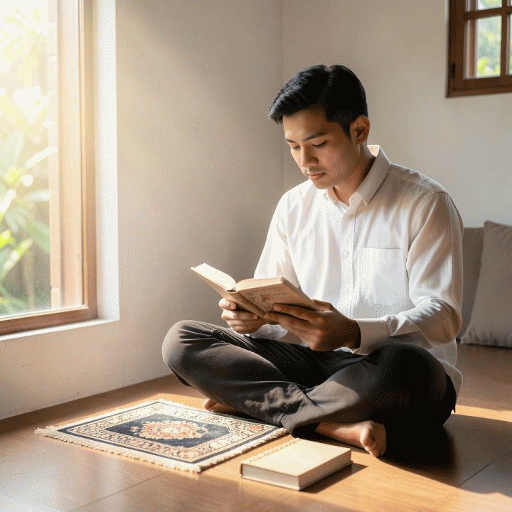 Seorang pemuda Muslim Indonesia yang sedang membaca buku di rumah dengan suasana tenang, melambangkan rutinitas ibadah harian yang konsisten.