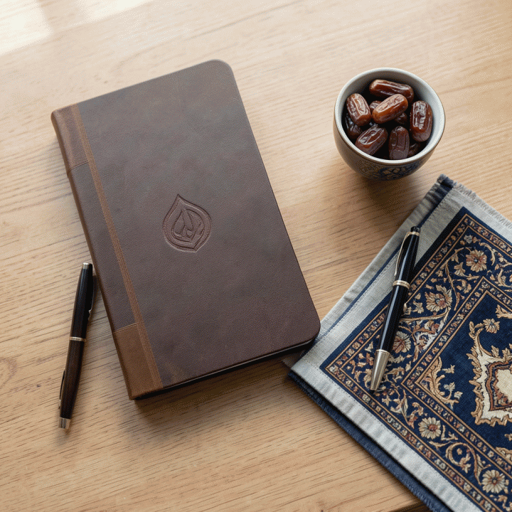 Tampilan flat lay yang rapi berisi jurnal ibadah, alat tulis, dan kurma, melambangkan perencanaan rutinitas spiritual harian.