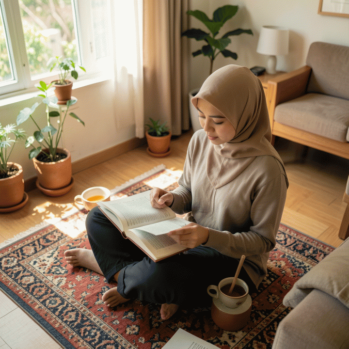 Seorang wanita muda Muslim yang menjalani rutinitas ibadah harian dengan suasana damai dan terorganisir di rumah modern.