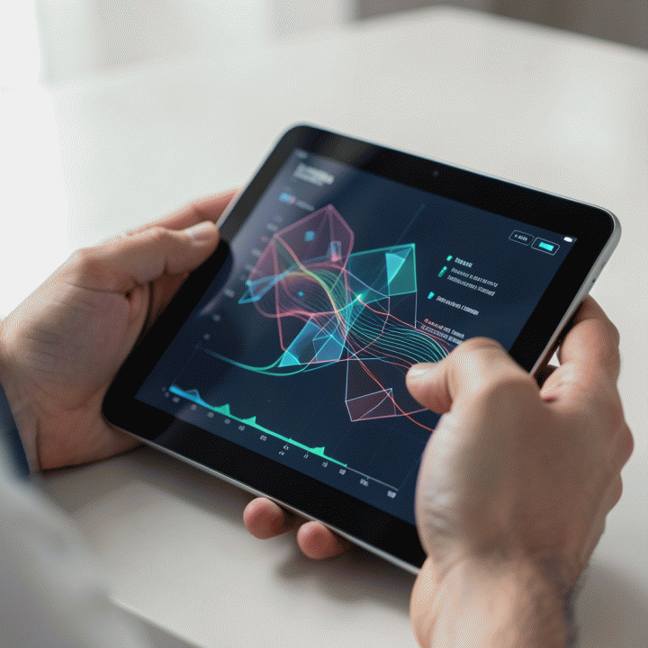 Hands interacting with a tablet showing a dynamic visualization of cognitive skills and logical reasoning patterns.