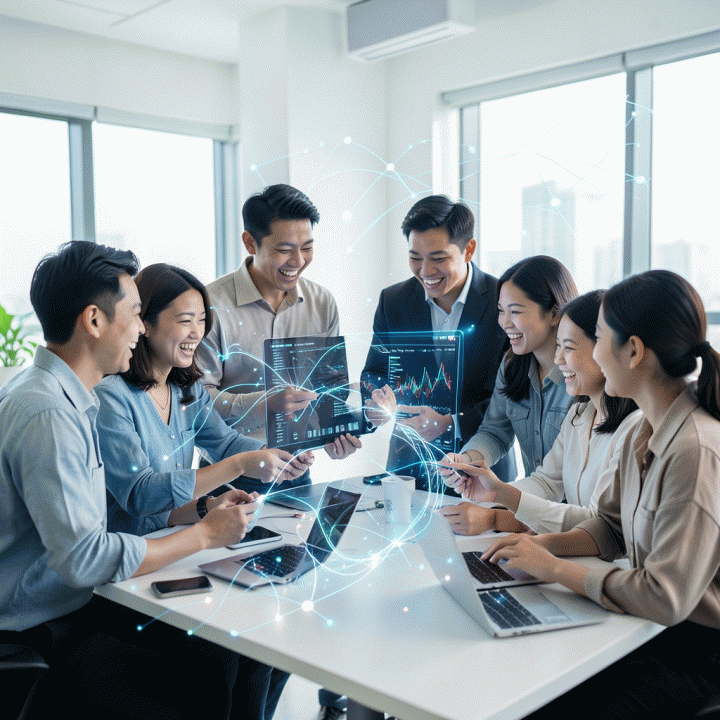 Kelompok profesional muda Indonesia bersemangat berkolaborasi di ruang kerja modern, dikelilingi elemen digital yang melambangkan ide dan koneksi kreatif.