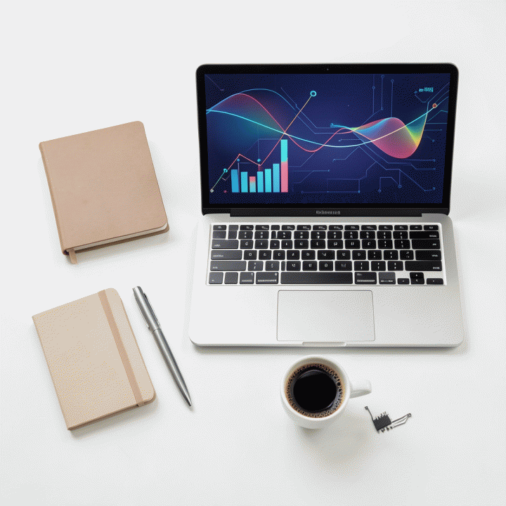 Flat lay foto profesional berisi alat tulis modern, laptop dengan grafis data, dan cangkir kopi, melambangkan persiapan menjadi kreator digital.