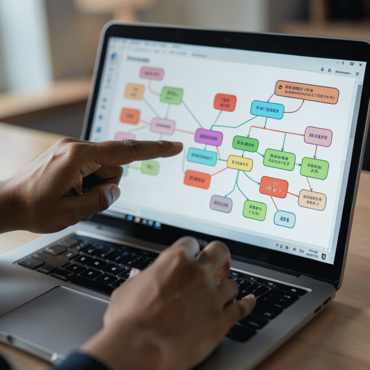 Tangan menunjuk pada diagram alir ide abstrak di layar laptop, menunjukkan proses perencanaan bisnis digital.