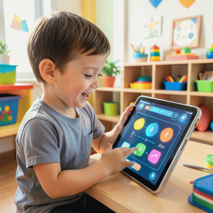 A young child happily interacting with a friendly AI learning interface about basic mathematics.