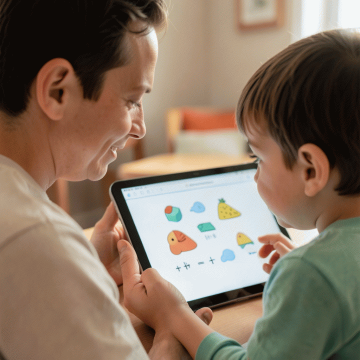 Parent and child learning basic math concepts together using a digital screen.