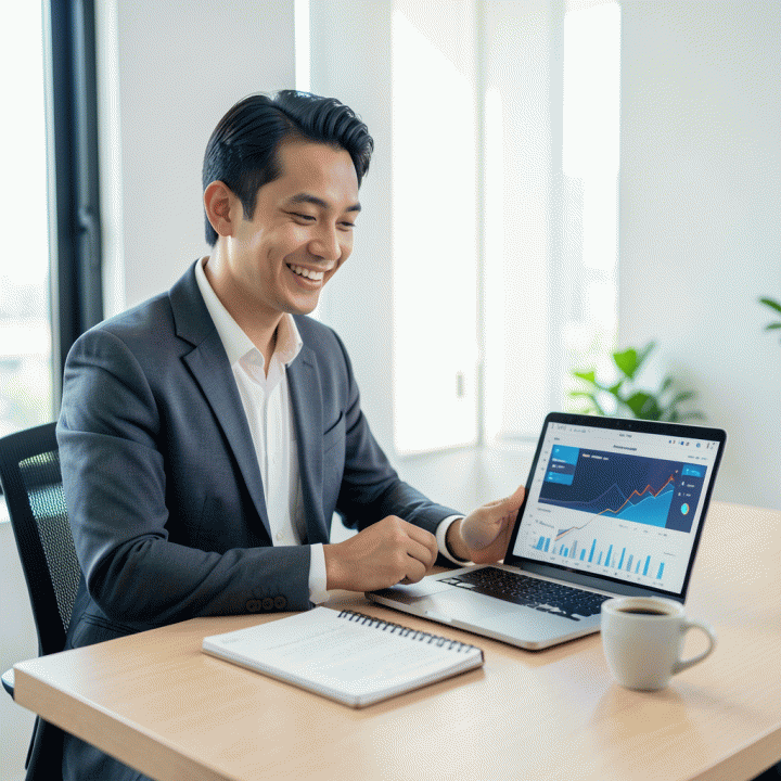 Seorang freelancer profesional Indonesia bekerja di meja kerja yang rapi, menatap tablet yang menampilkan dashboard keuangan abstrak, melambangkan manajemen keuangan yang terintegrasi dan terorganisir.
