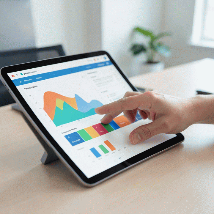 Tangan menggunakan tablet yang menampilkan dashboard terpadu, melambangkan manajemen keuangan dan operasional yang terpusat.