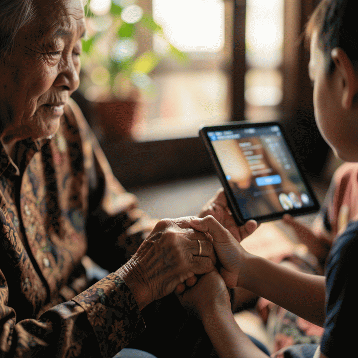 Interaksi hangat antara generasi tua dan muda saat melihat kenangan atau silsilah keluarga di perangkat digital.
