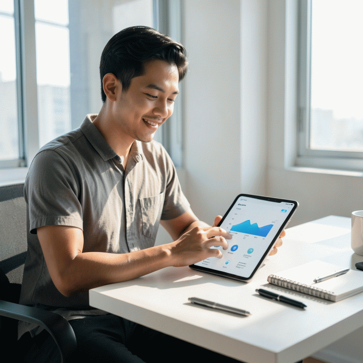 Seorang profesional muda Indonesia yang fokus dan produktif di meja kerja modern, menggunakan tablet untuk merencanakan dan mengorganisasi pekerjaan dengan suasana yang tenang dan terinspirasi.