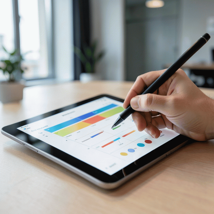 Tangan yang sedang menggunakan stylus pada tablet yang menampilkan antarmuka spreadsheet abstrak untuk perencanaan dan manajemen data.