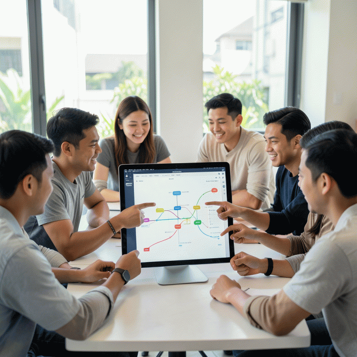 Beberapa profesional muda Indonesia berkolaborasi di meja kerja, melihat diagram alir kerja digital yang abstrak, menunjukkan perencanaan tim yang efektif.