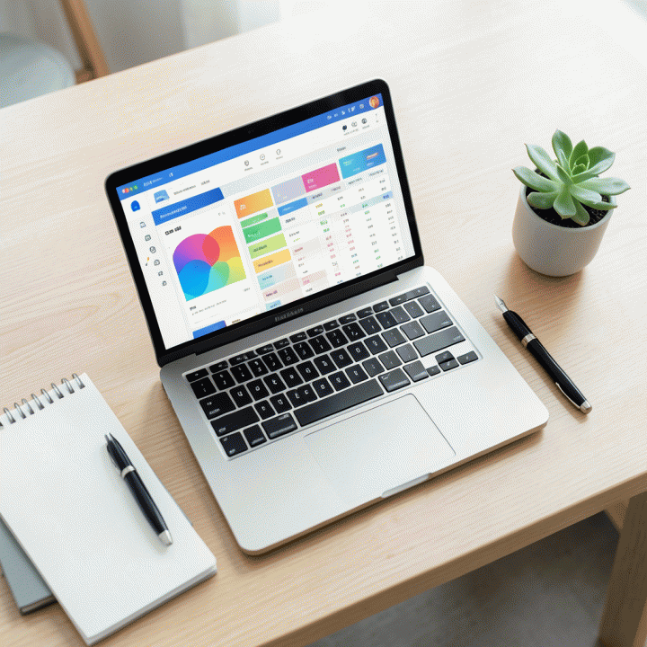 Meja kerja yang rapi dan modern dengan laptop yang menampilkan antarmuka spreadsheet produktivitas yang terstruktur, dikelilingi oleh perlengkapan tulis minimalis dan tanaman sukulen, menunjukkan suasana kerja yang fokus dan terorganisir.